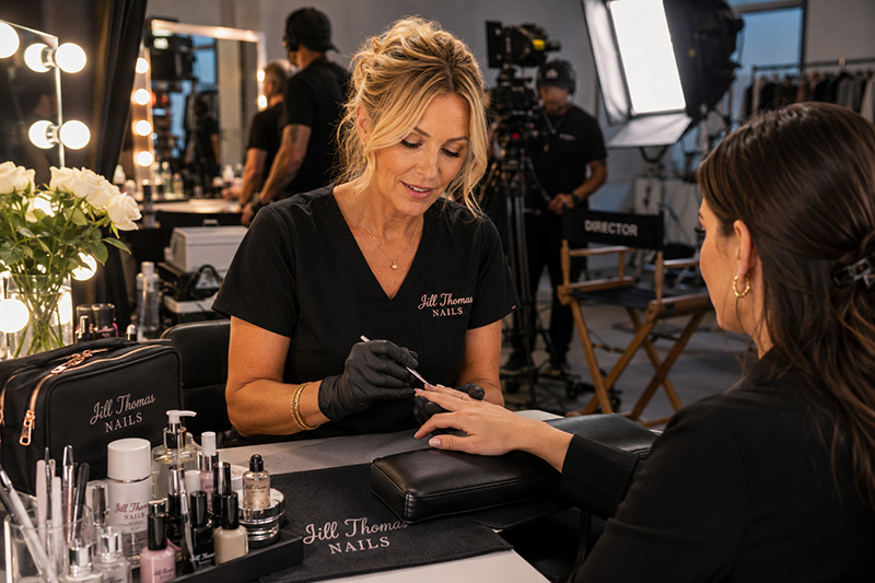 Los Angeles set manicurist preparing talent's nails during a professional production